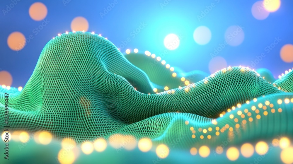 Poster abstract mesh terrain with lights on top, glowing particles in the background. useful for presentati