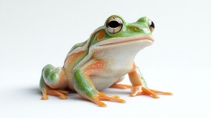 Fototapeta premium Vibrant tree frog on white background with striking green and orange colors