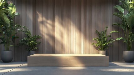 Elegant wooden platform in sunlit room with lush green potted plants