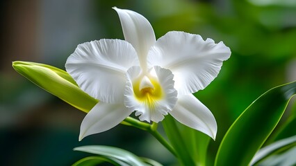 Fototapeta premium A delicate white orchid flower with a vibrant yellow center, surrounded by lush green leaves. Concept Orchid Photography, Floral Details, Nature's Beauty, Botanical Art, Greenery Backdrop