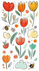 A colorful set of hand-drawn flowers, butterflies, and leaves, in soft pastels and delicate lines, creating a fresh, playful atmosphere