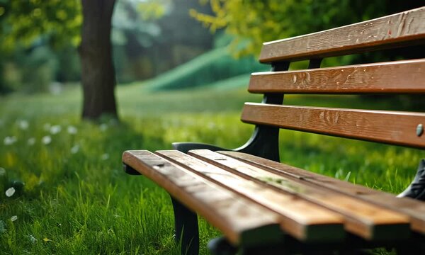 A beautifully crafted park bench surrounded by lush greenery, inviting visitors to sit and enjoy the calming atmosphere of the outdoors and nature.