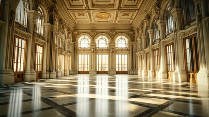 Obraz premium Elegant Grand Hall with Intricate Ceiling and Tall Windows Illuminating the Spacious Interior