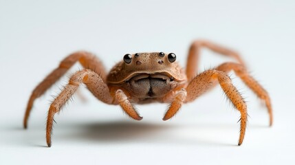 This macro shot captures a detailed view of a brown spider, highlighting its unique features such as the texture of its body and its prominent eyes against a white backdrop.