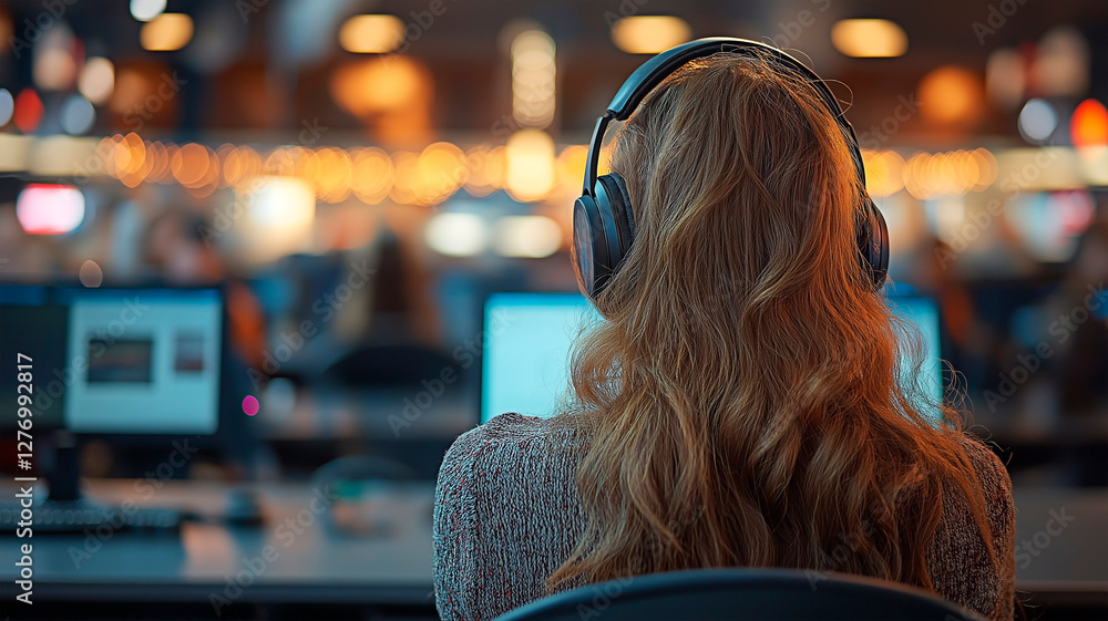 Aufkleber customer support representative wearing headphones while working on a computer in a busy call center