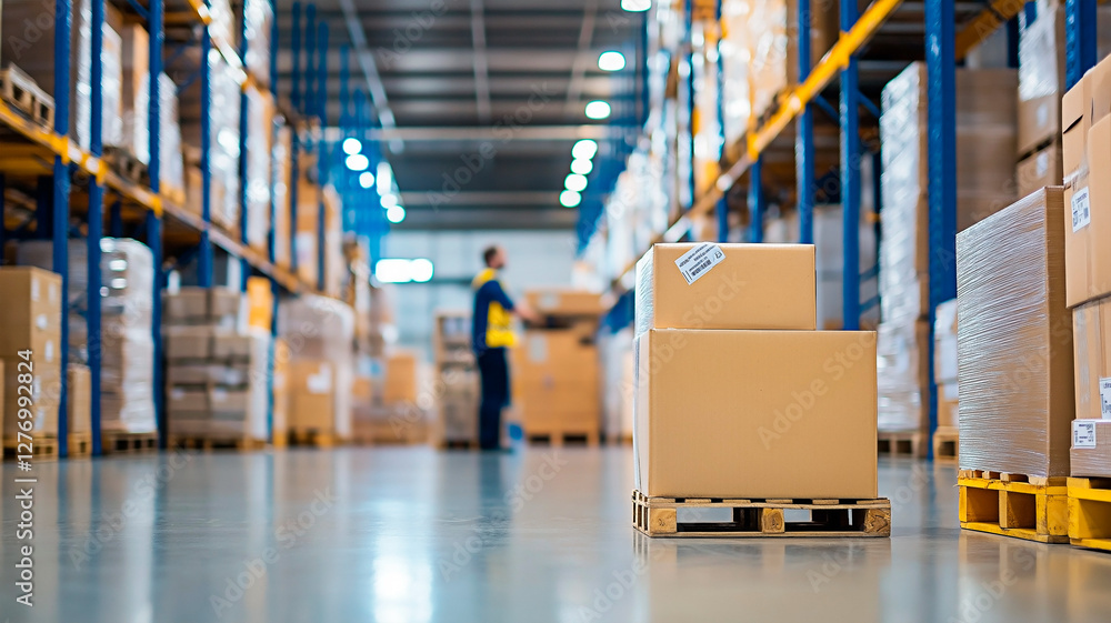 Poster warehouse logistics with stacked cardboard boxes on a pallet in a large industrial storage facility.