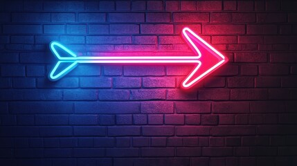 Neon arrow glowing on brick wall in dark alley ambience