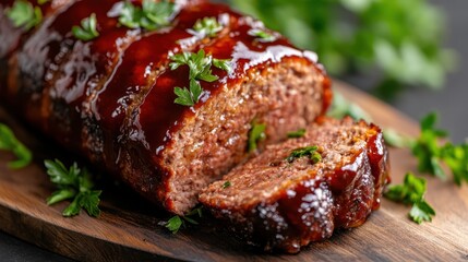This tantalizing meatloaf, sliced for serving, features a thick layer of barbecue sauce and fresh parsley, epitomizing the comfort and warmth of homemade cooking.