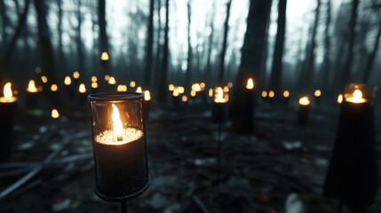 Cloaked figures hold candles in a misty forest, creating an enigmatic and haunting ambiance.