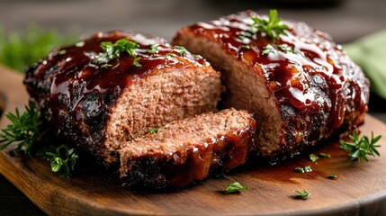 A deliciously prepared meatloaf, sliced to reveal its moist interior, garnished with fresh herbs and a glossy glaze, perfect for comforting family meals.