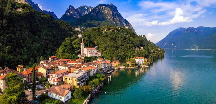 Italy,  most beautiful scenic villages near lake . Lago di Lugano, beautiful valley Valsolda and charming traditional village San Mamete. Border with Switzerland. aerial panoramic view