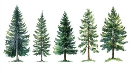 Five different evergreen trees in watercolor style on white background