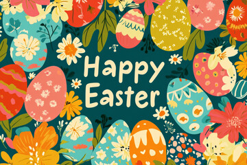 This fresh and warm design with Happy Easter text, colorful flowers, and decorated eggs creates an inviting atmosphere for Easter greeting cards or social media