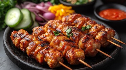 Grilled Chicken Skewers with Fresh Garnishes and Barbecue Sauce on a Dark Plate. Generative AI