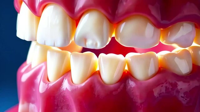 Medical denture, white teeth and gums, healthy teeth model. Concept of dentistry and medicine