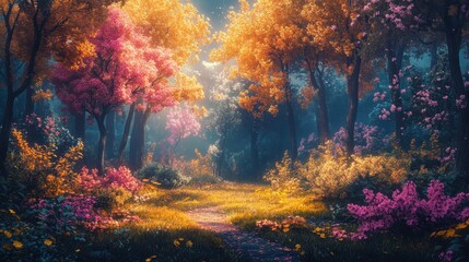 Enchanting autumn forest path lined with vibrant pink and orange trees in sunlight