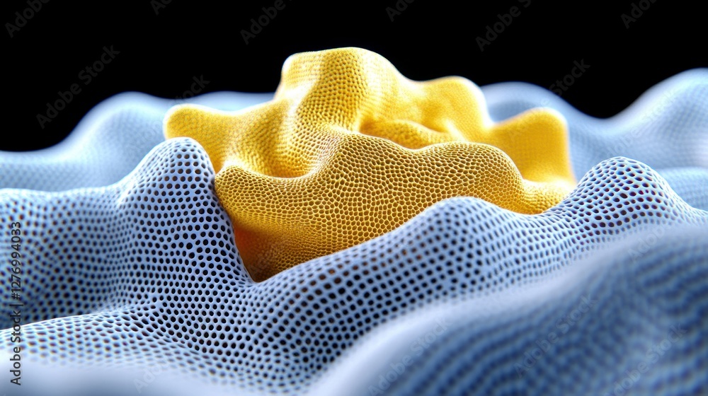 Aufkleber abstract render yellow object on blue, undulating net, dark background. science or tech mockup