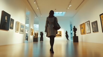 A visitor explores an art gallery, admiring beautiful paintings and sculptures on display, enjoying the creativity around them.