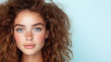 A beautiful portrait of a natural woman with curly hair and striking freckles, radiating confidence and warmth, set against a soft pastel background symbolizing self-acceptance and individuality.