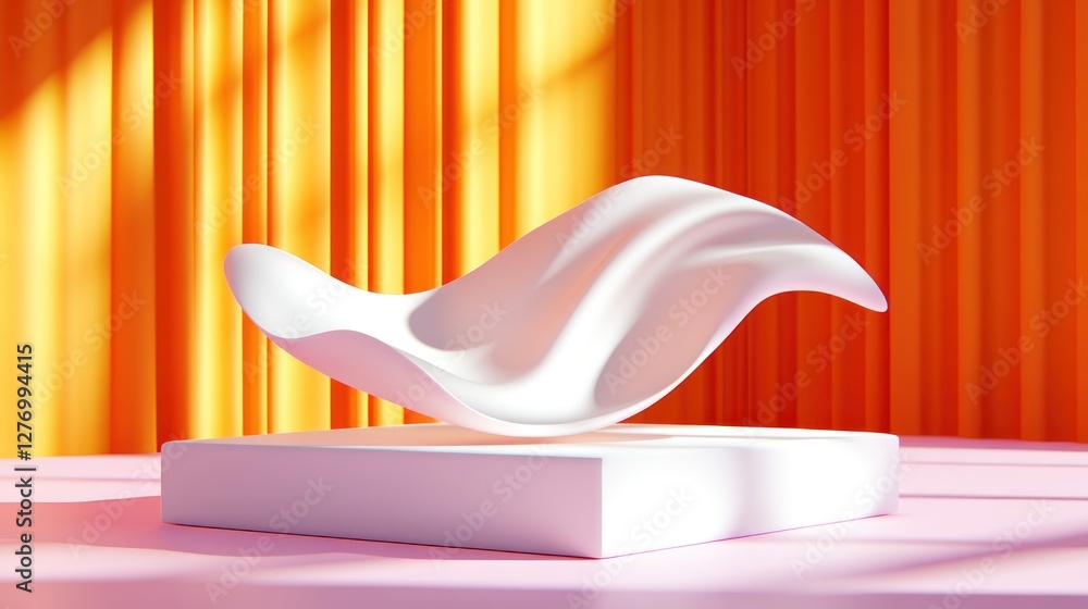 Poster abstract shape levitating on cube with orange curtain background for product showcase