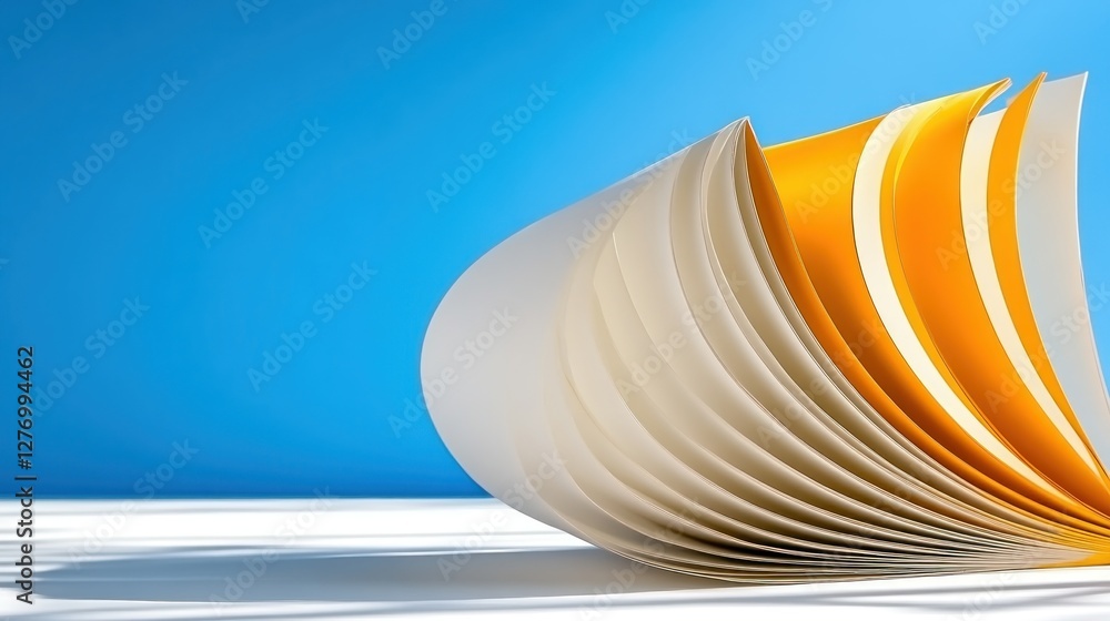 Poster abstract sheets creating a dynamic shape on a white surface, with a blue background, for a book cove