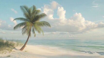 Serene tropical beach with palm tree and ocean waves under blue sky