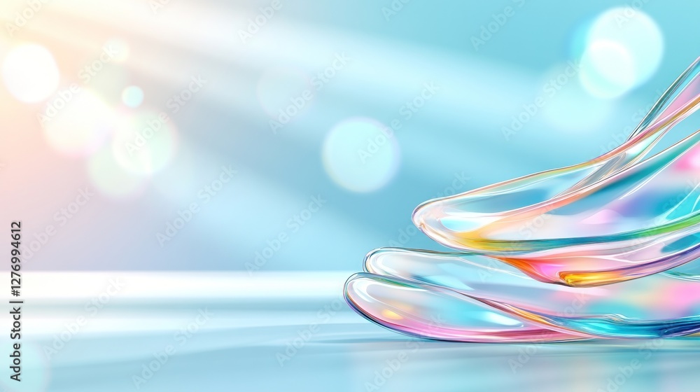 Poster abstract shiny shape on a table with bokeh lights and sunrays for visual background, wallpaper