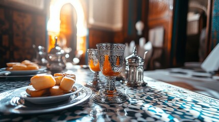 Elegant Silver Cups with Orange Drink and Pastries on Table