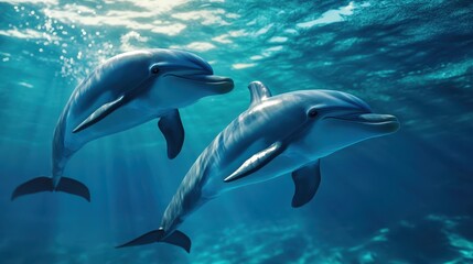 Two dolphins swimming underwater in clear ocean with sunlight streaming through the water