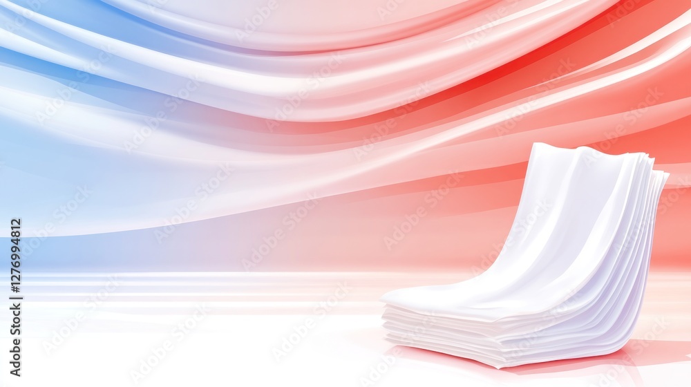 Poster abstract silky white object on surface, with red and blue curved wave background for presentation us