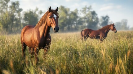 Fototapeta premium Two brown horses grazing in a lush green meadow with a forested background on a sunny day