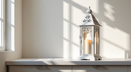 White Lantern Candlelight. Serene Ramadan, Eid decor, elegant home accents, website banner, invitations. Minimalist, tranquil design.