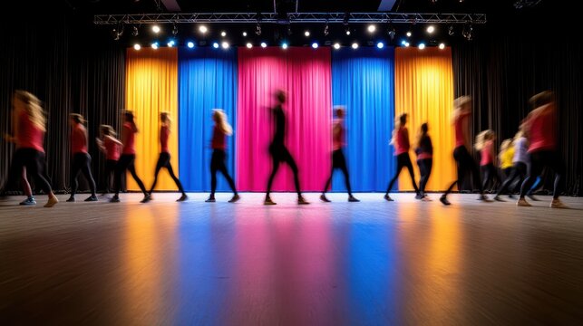 Blurry silhouettes of people move energetically on stage against a vivid backdrop of blue, pink, and orange curtains, capturing dynamic motion and vibrant hues.