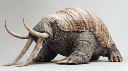 Obraz premium Fictional walrus-armored creature with tusks on gray background