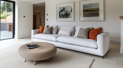 Stylish Living Room with White Sofa and Cozy Decor Above a Natural Light Source