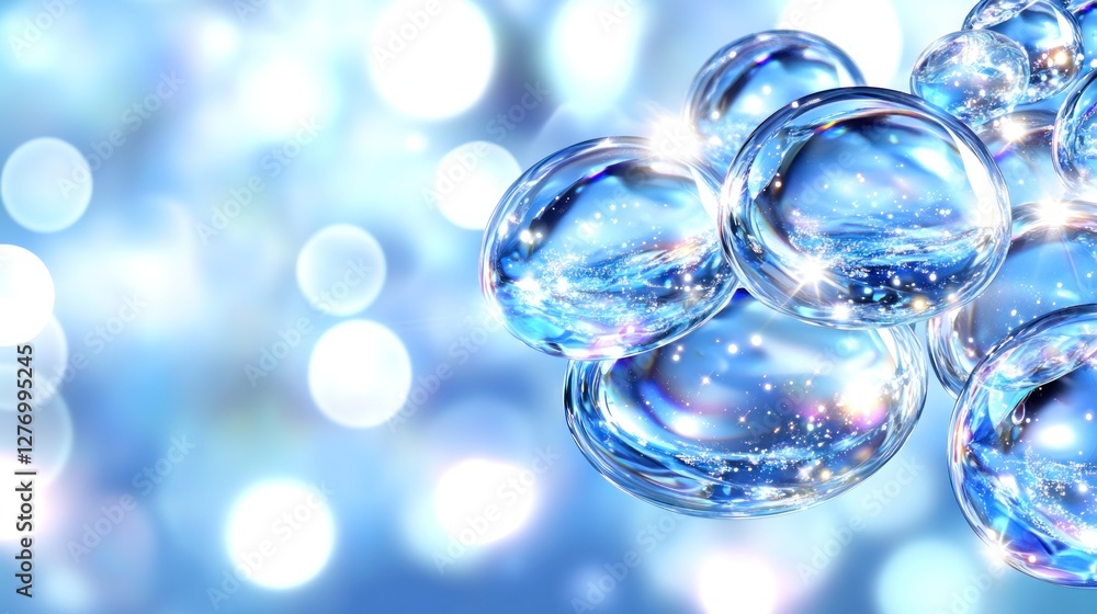 Poster abstract spheres reflecting sky, used for technology or science. sparkling bokeh background