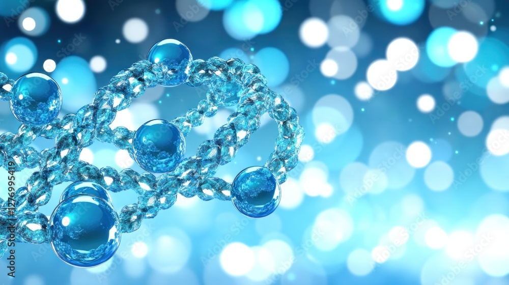 Poster abstract spiral structure with blue spheres against a bokeh backdrop, for science