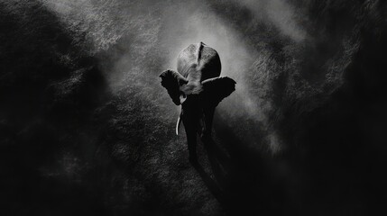 Majestic elephant walking in dramatic light and shadows in black and white