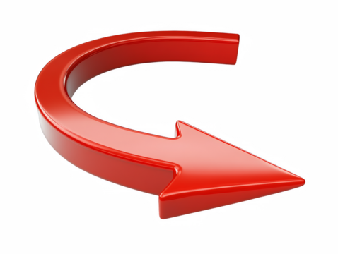 Red Curved Arrow Icon – 3D Directional Symbol, Return, Rotate