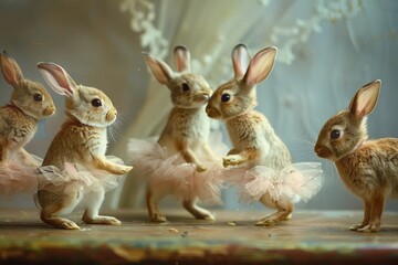 smiling, fluffy bunnies at a pink Easter party dancing together,