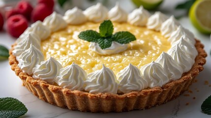 Delicious Lemon Tart with Whipped Cream and Mint Garnish. Generative AI