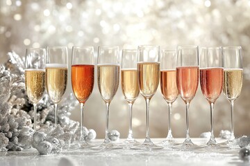 A row of champagne glasses filled with sparkling wine in an elegant setting