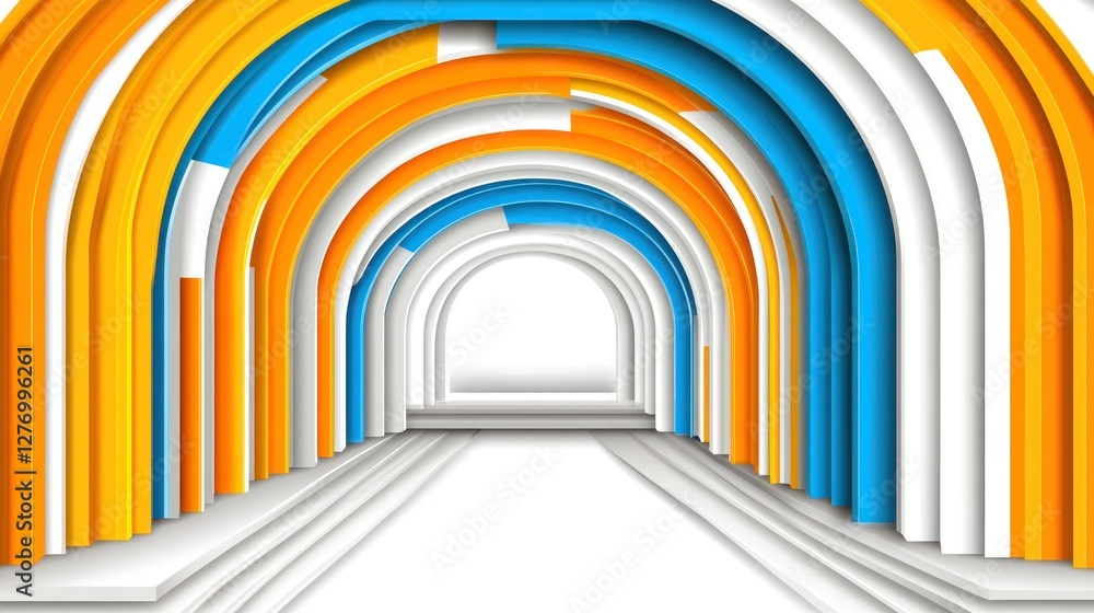 Poster abstract tunnel colorful arcs create path to bright exit. background is white. possible banner