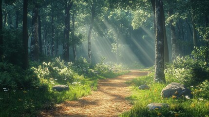 Naklejka premium Sunlit forest path with lush greenery and dappled sunlight in serene woodland setting