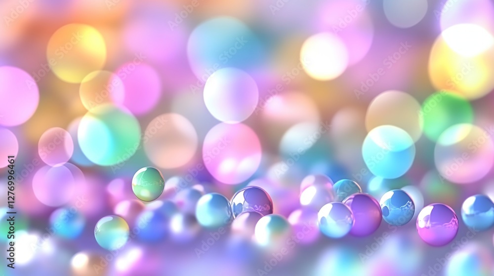 Poster abstract vibrant spheres on surface and luminous bokeh background for presentations and web design