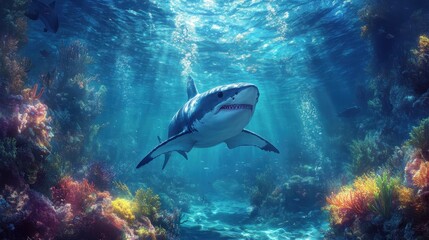 Obraz premium Majestic great white shark swimming underwater amid vibrant coral reefs and sunlit ocean