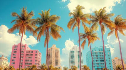 Obraz premium Vibrant art deco architecture with palm trees under a bright blue sky in miami beach