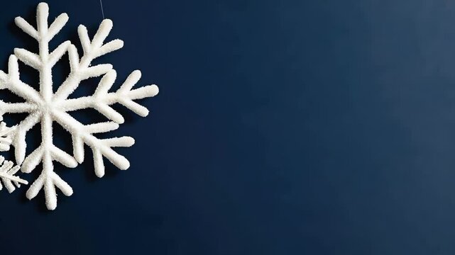 A festive white snowflake is suspended against a deep blue background, enhancing the wintry ambiance and holiday spirit