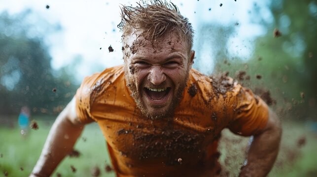 This image captures a joyful man celebrating amidst muddy conditions, conveying a sense of triumph and exuberance as he runs energetically through a challenging obstacle race.