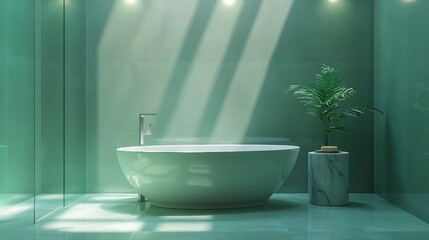 Minimalist green bathroom with freestanding bathtub and sunlit palm plant